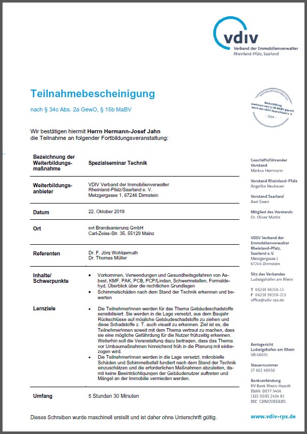Zertifikat Spezialseminar Technik - Immopit Immobilien, Hausverwaltung in Oberwinter, Remagen und Umgebung