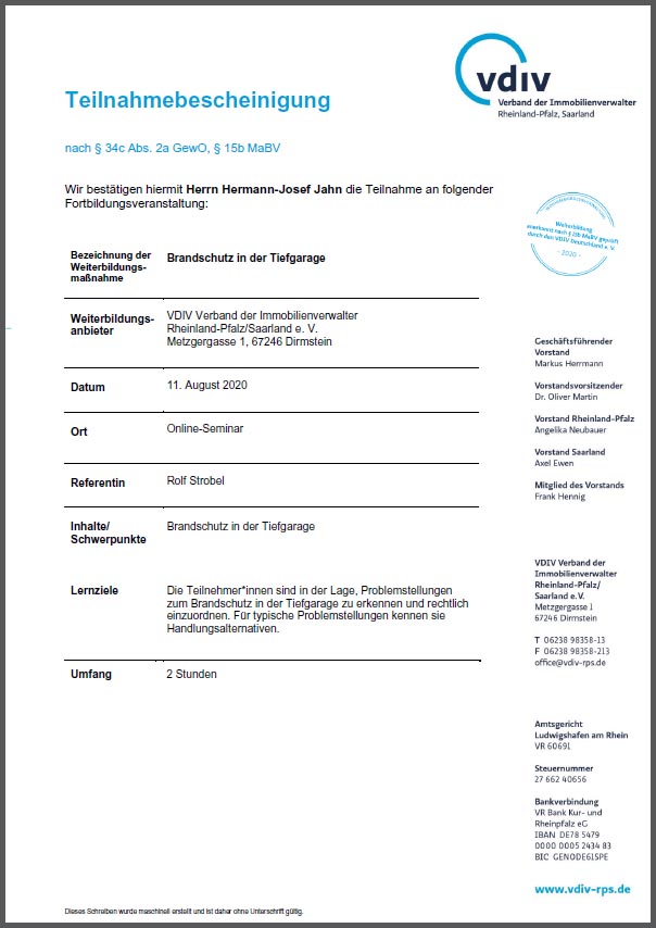 Zertifikat Brandschutz Tiefgaragen - Immopit Immobilien, Hausverwaltung in Oberwinter, Remagen und Umgebung