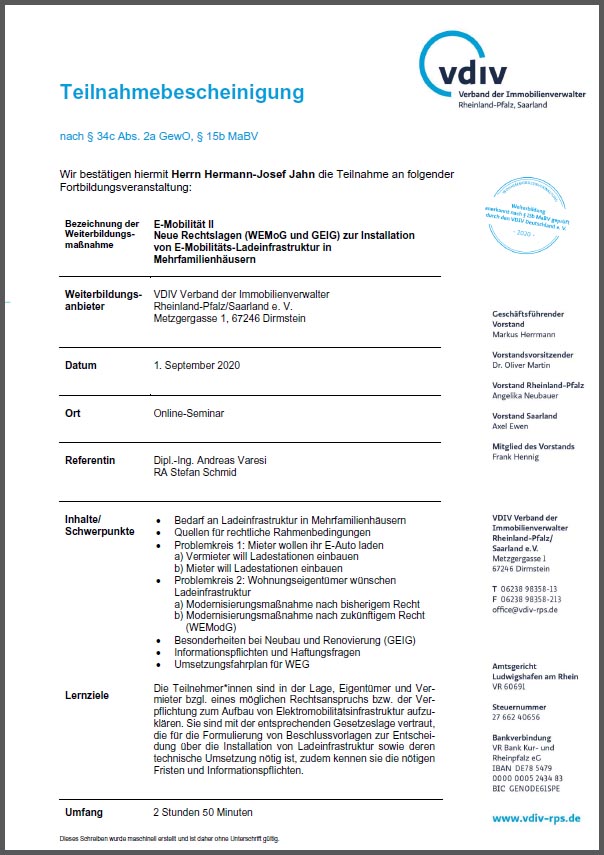 Zertifikat E-Mobilität II - Immopit Immobilien, Hausverwaltung in Oberwinter, Remagen und Umgebung