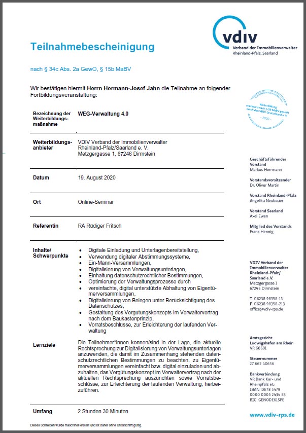 Zertifikat WEG Verwaltung 4.0 - Immopit Immobilien, Hausverwaltung in Oberwinter, Remagen und Umgebung