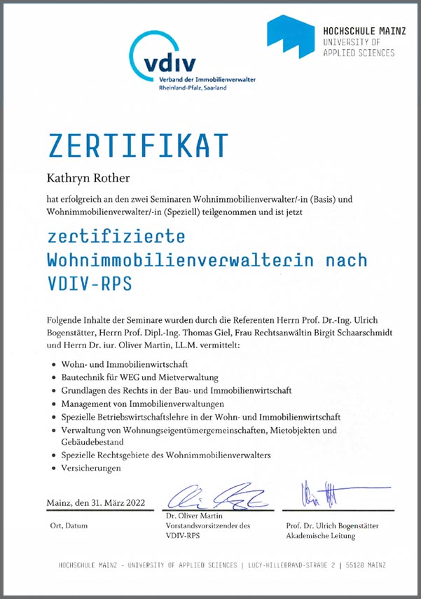 Zertifikat Wohnimmobilienverwalterein - Immopit Immobilien, Hausverwaltung in Oberwinter, Remagen und Umgebung