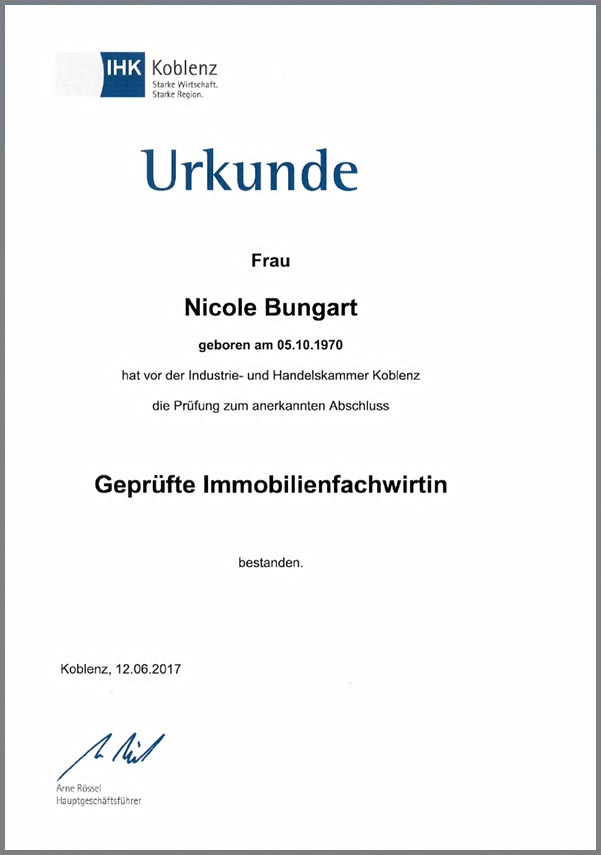 Zertifikat geprüfte Immobilienfachwirtin - Immopit Immobilien, Hausverwaltung in Oberwinter, Remagen und Umgebung