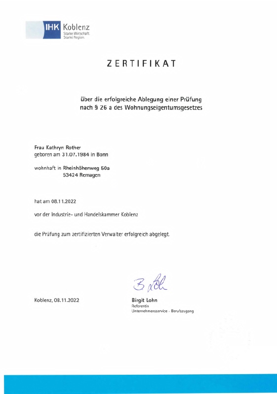 Zertifikat zertifizierter Verwalter - Immopit Immobilien, Hausverwaltung in Oberwinter, Remagen und Umgebung